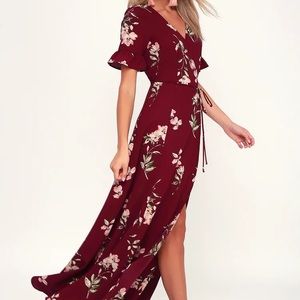 LuLus September sunsets burgundy floral print wrap maxi dress